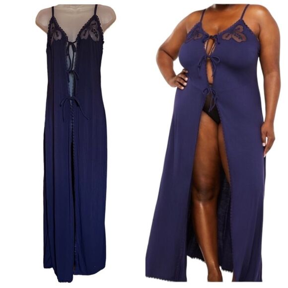 Savage X Fenty Blue Flowy Lace Lingerie Cover Up Sexy Maxi Open Cami Slip Dress - Picture 1 of 11